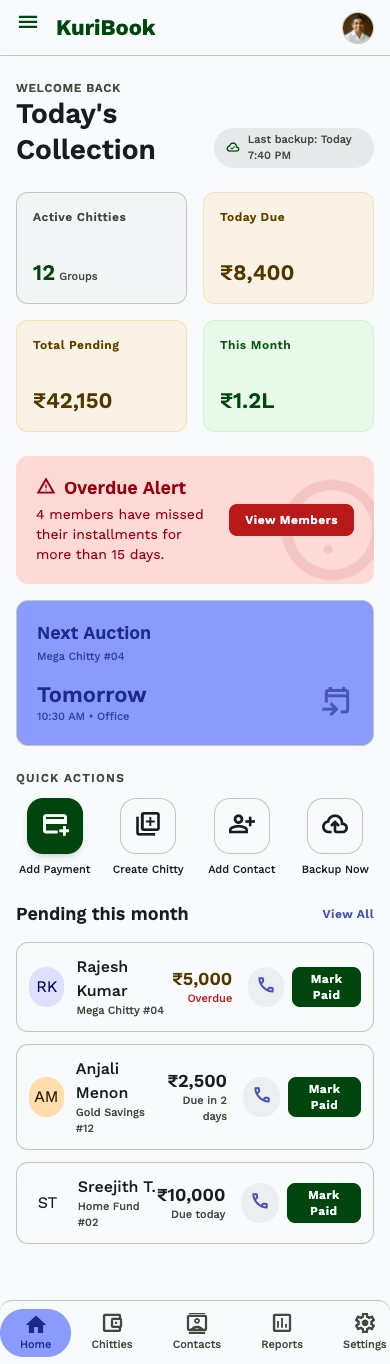 KuriBook Android dashboard showing chitty summaries