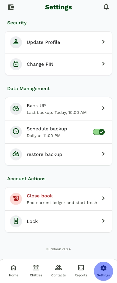 KuriBook settings screen with backup and app lock options